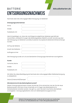 Batterie Entsorgungsnachweis: PDF Formular, Vordruck